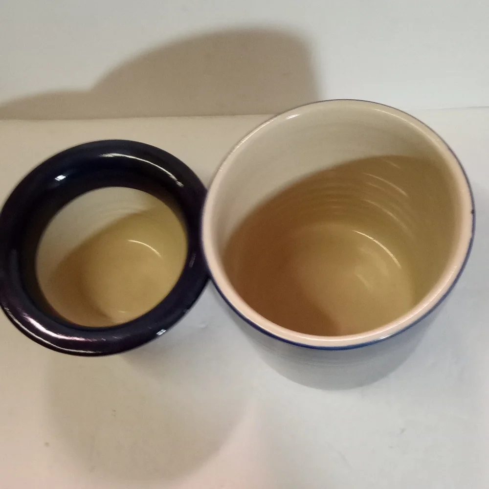 French Butter Keeper Container Thick Heavy Pottery Handcrafted Blue Swirl New